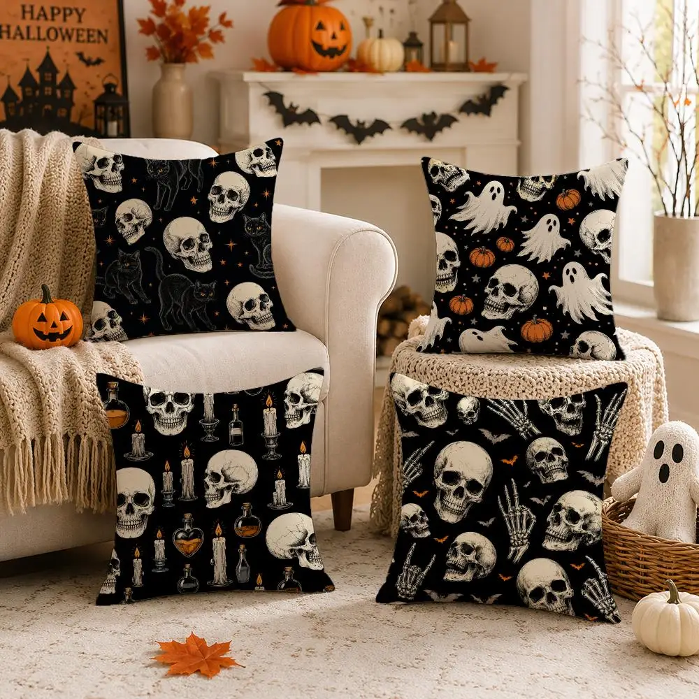 Dark Skull Halloween Seamless Patterns Cushion Cover Skin-Soft Pillow Cover Festive Home Accent Great Gift for Sofa Bed