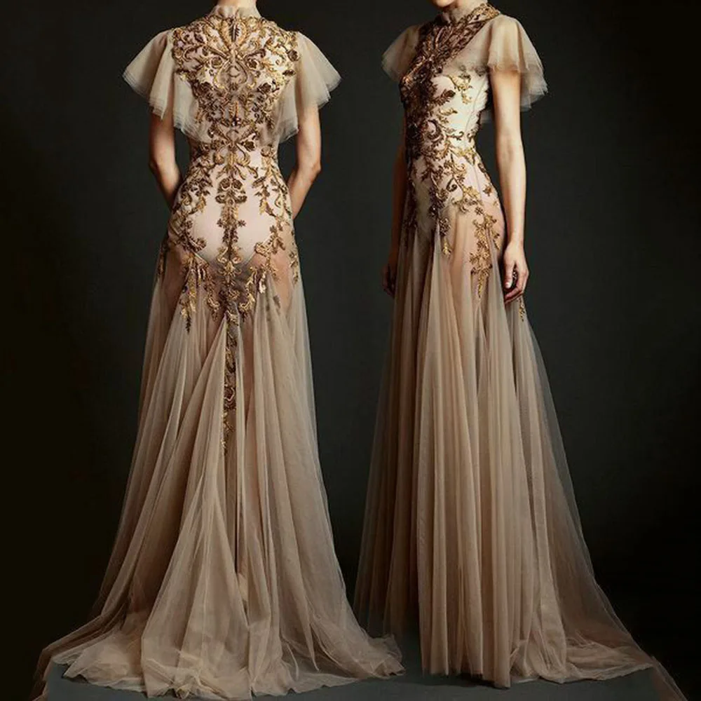 Gorgeous Women Prom Dresses High Collar Short Sleeves Floor Length A-line Golden Appliques Fairy Women Banquet Prom Gowns