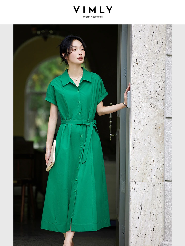 

VIMLY Summer Green Shirt Dress Women 2025 Fashion Lady 100% Cotton Short Sleeve Tied Waist Long Dresses Woman Clothing A1857