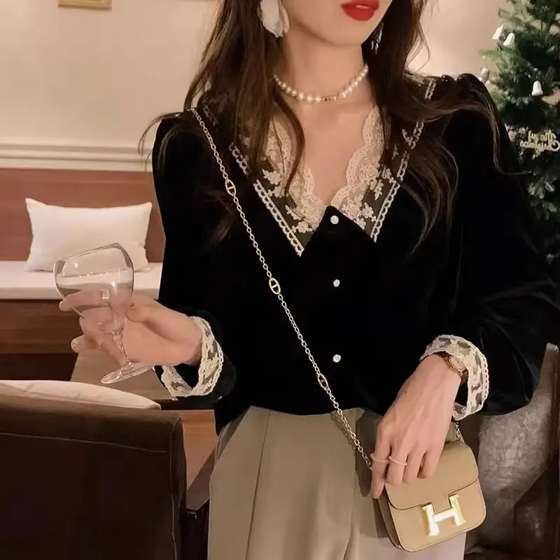 2024 Fashion Women Peter Pan Collar Blouse Casual Cotton Long Sleeve Shirt \'s Slim Jacket Top Open Stitch T852