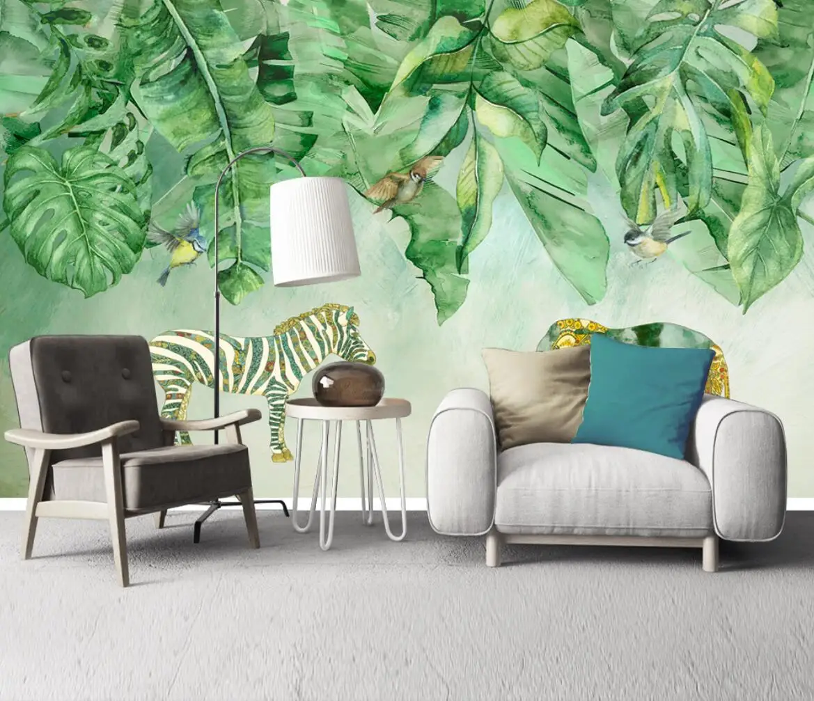 Custom 3d wallpaper mural Nordic minimalist hand-painted tropical plants animal zebra bedroom living room TV background wall