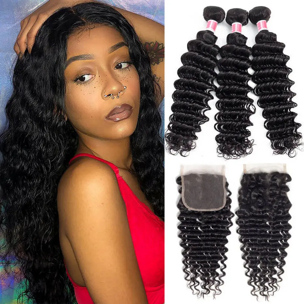 Brazilian Deep Wave 3 Bundles with Closure Deals Human Hair Bundles with Closure Nature Color