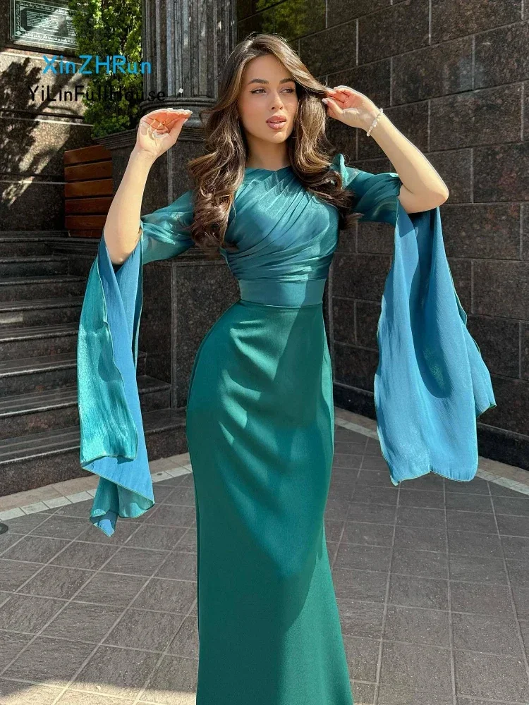 2024 New Women Fashionable Elegant Round Neck Bat Sleeve Waist Strap Dress Sexy Slimming Glass Yarn Large Skirt Satin Long Dress