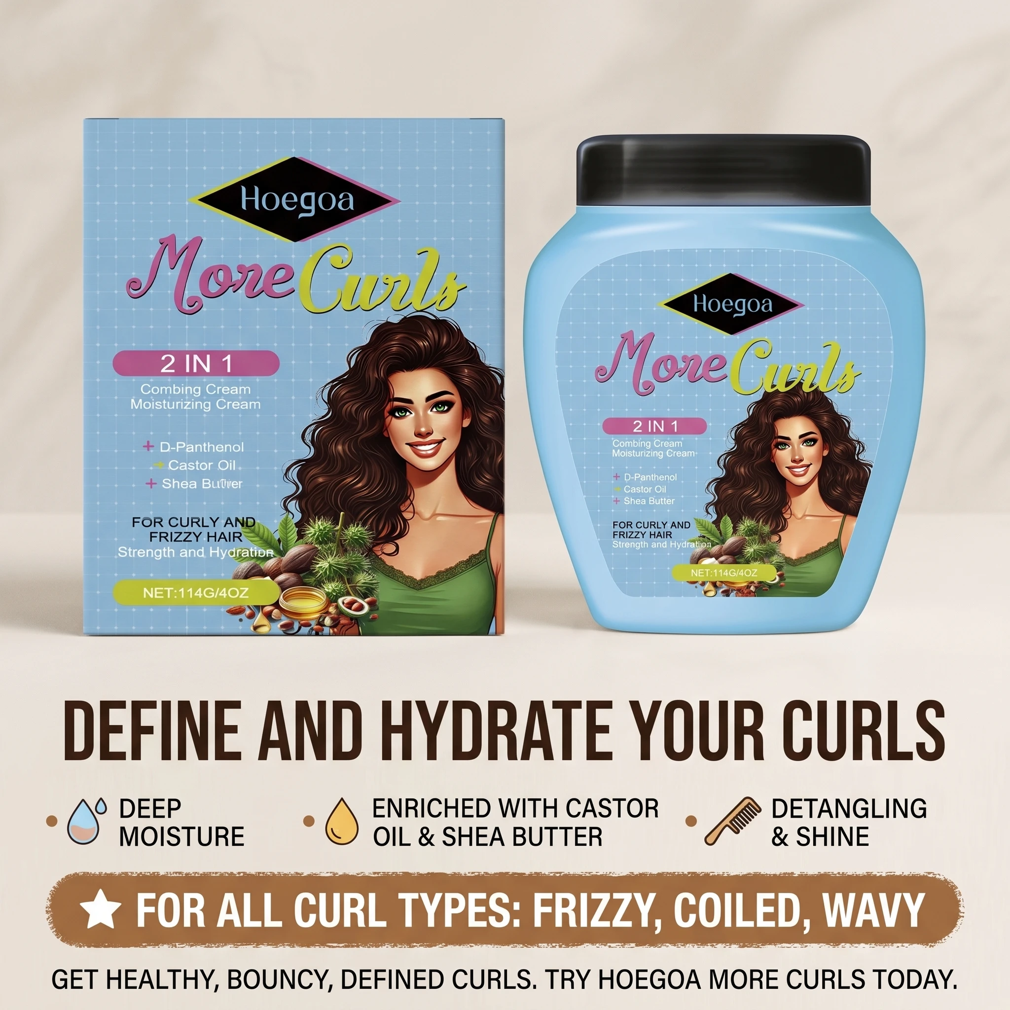 More Curls Hair Cream 114g, Curl Defining, Detangling & Moisturizing Cream Reduce Frizzy Adds Shine Hair Moisturizing Cream