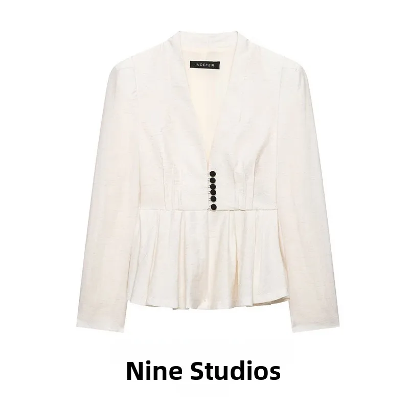 NINE ZAR Women's Slim Fit Suit Jacket V-Neck Collar Padded Shoulder Long Sleeve Polyester Casual Wear Single Button Closure