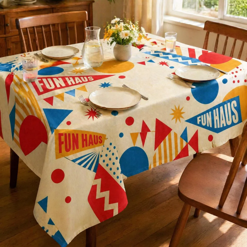 Vintage Carnival Geometric Triangle Circle Pennant Print Rectangle Tablecloth Cream Fun Haus Retro Party Dining Table Cover