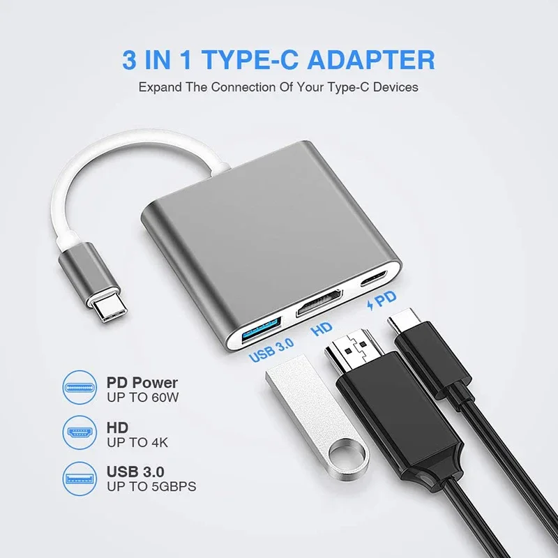 USB C 3in1 Hub Thunder bolt3 Type-C to 4K UHD Adapter with USB 3.0 and PD 60W Quick Charging Port Dock for   Pro