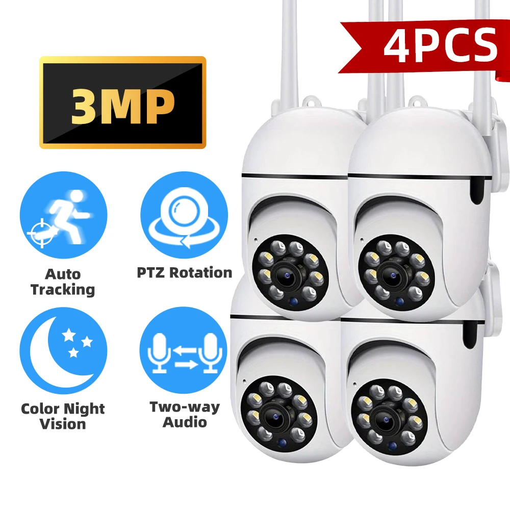 Caméra IP WIFI extérieure, caméra de sécurité vidéo CCTV, Audio bidirectionnel, Vision nocturne couleur, suivi automatique, caméra de Surveillance à domicile, 4 pièces