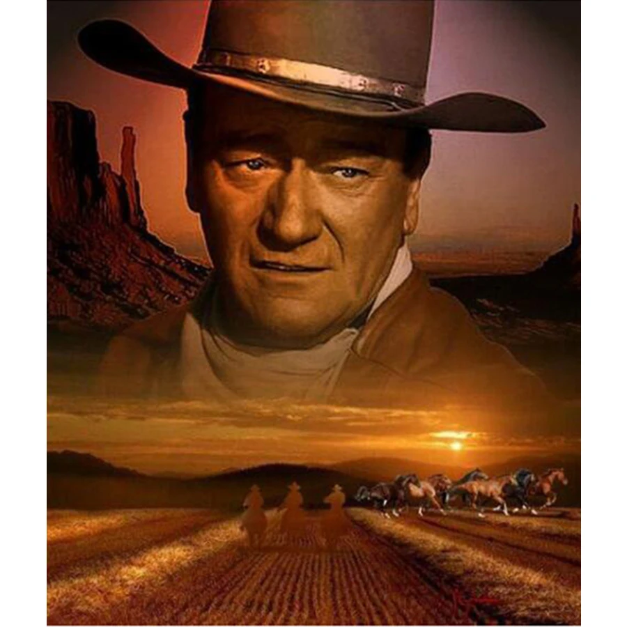 Cowboy John Wayne 5D DIY Diamond Painting Embroidery Set Cross Stitch Crafts, Full Drill Square Round, Family Mural Home Decor