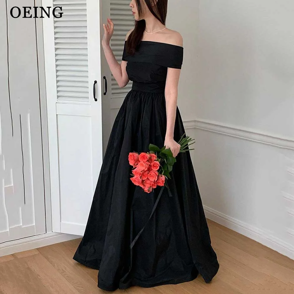 

OEING Simple Black Evening Dresses Off The Shoulder Photoshoot Wedding Dress Short Sleeves Prom Gowns Corset Back Floor Length