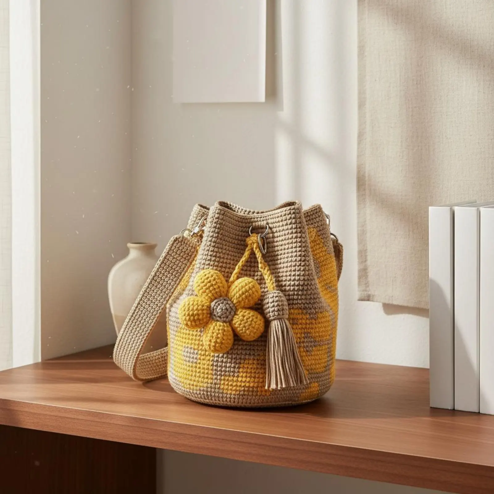 

Crochet Flower Tote Lightweight Flower Crochet Bag Fashion Accessory Tassel Charm Reinforced Connection Hardware