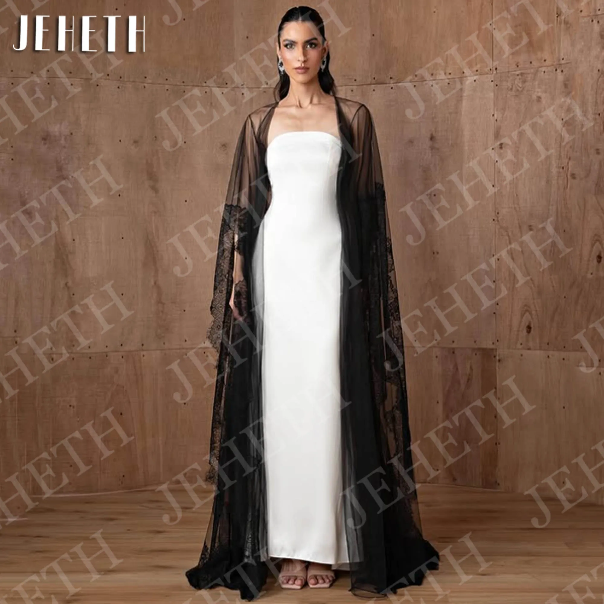 

JEHETH Saudi Arabia Evening Dresses Elegant with Black Tulle Cape Formal Strapless Mermaid Party Dress Customized فساتين سهرة