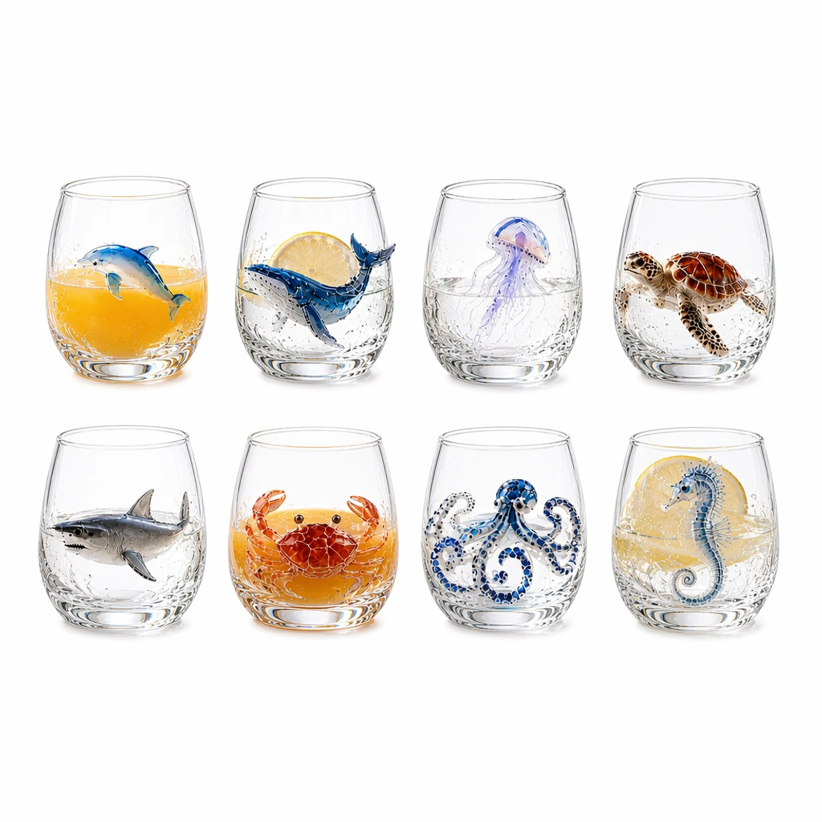 Glass Art Cup Handcrafted Crab Squid Shaped Novelty Wine Drinkware 8PCS 3.54in Hand-Blown Coastal Glassware
