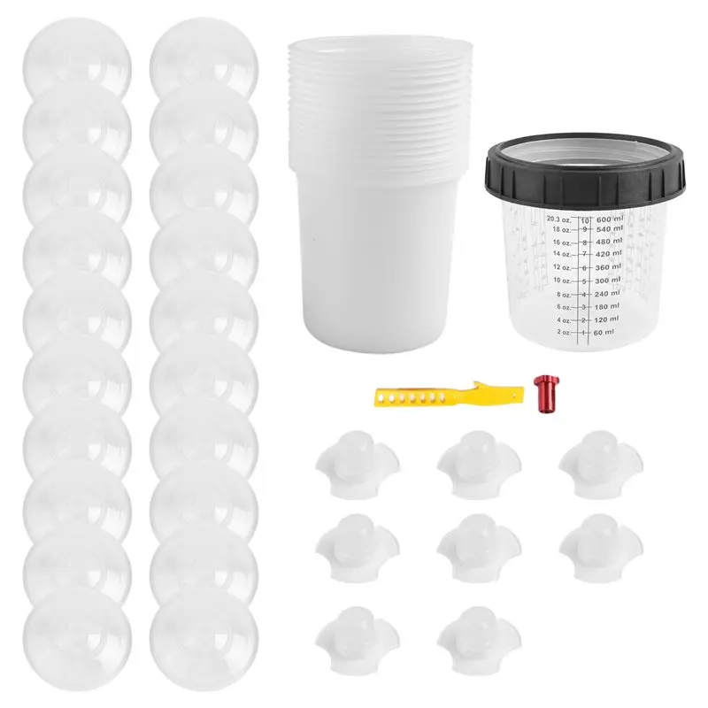 A27F-Paint Sprayer Mixing Guncup Liners And Lid System For Automotive Paintgun, 20 Pack Paint Cups 20 Ounce (600Ml) Kit