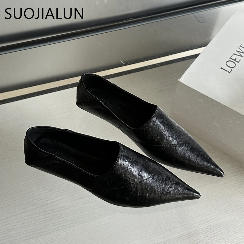 SUOJIALUN Autumn Women Pumps Shoes Fashion Pointed Toe Slip On Ladies Elegnat Boat Shoes Thin Low Heel Outdoor Office Lady Shoes