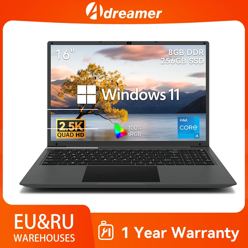 Adreamer 16-дюймовий ноутбук 16 ГБ DDR 1 ТБ SSD Офісний комп’ютер Intel i5-1240P Windows11 2560x1600 Портативний ноутбук із вентилятором охолодження