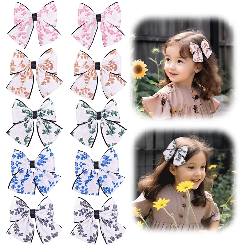 Printed Bow Hair Clip For Girls Leaf Dyed Side Hairpin Kids Handcrafted Fabric Full-Covered Barrettes Children Headdress