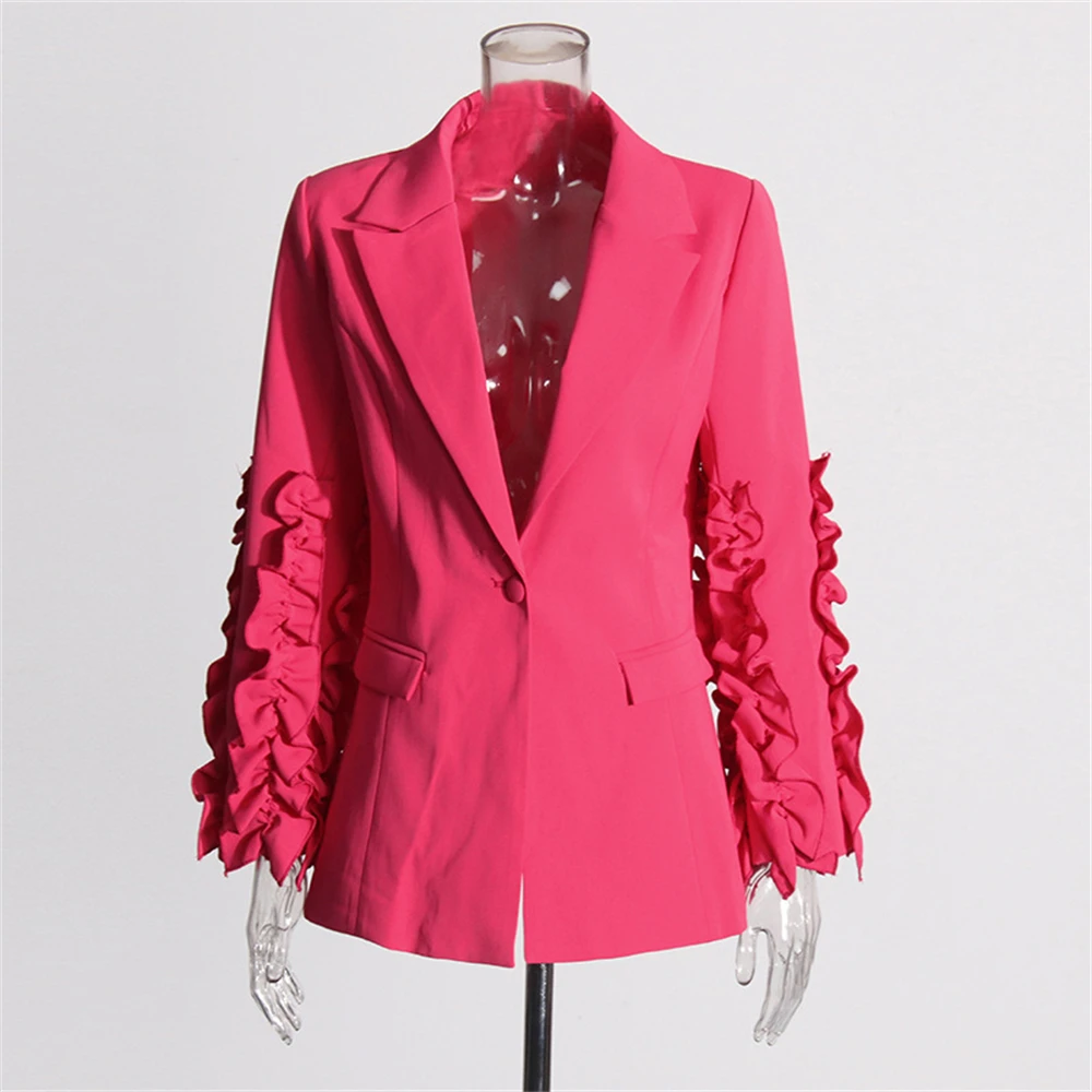 Hot Pink Slim Fit Women Suit Jacket with Ruffled Sleeves Lapel Collar 3D Flowers Blazer Single Button Suit for Women