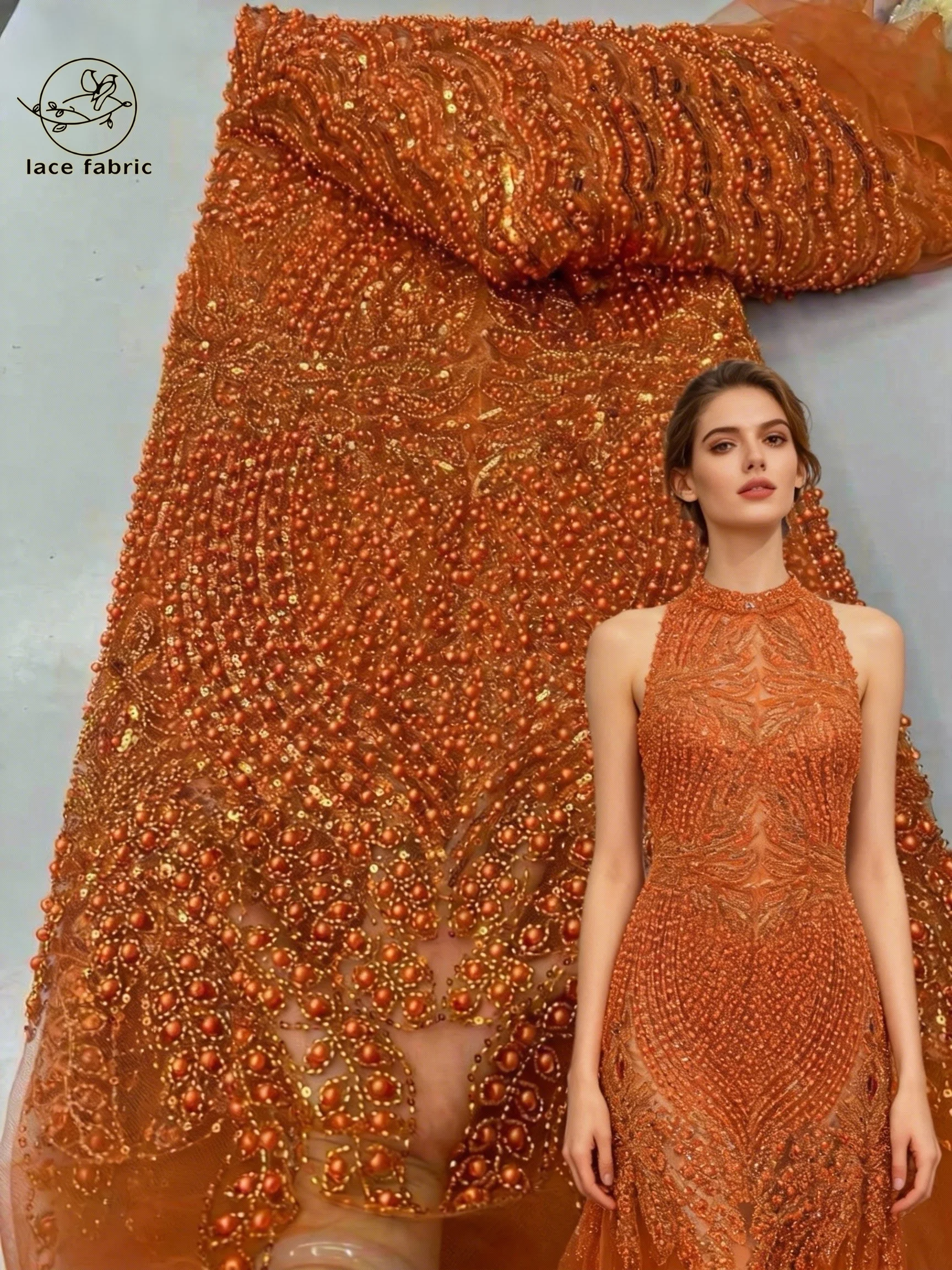 

2026 Orange Luxury French Tulle Net Lace with Sequins and Beads African Nigerian Embroidered Lace Fabric Lace Fabric for Sewing