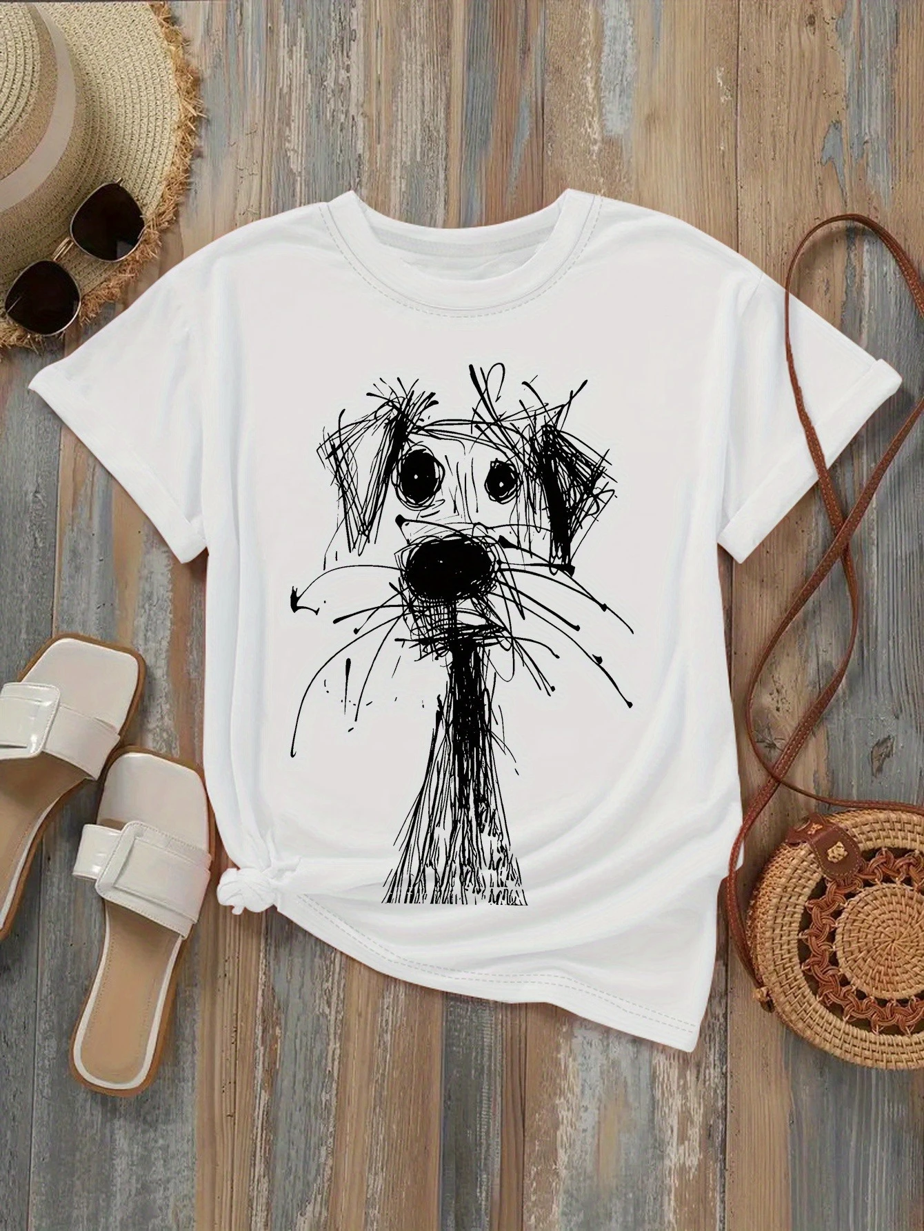 Women's Fashion Printed T-Shirt with Fun Dog Sketch Design Soft Round Neck Short Sleeve Casual Style for Daily Summer Clothing