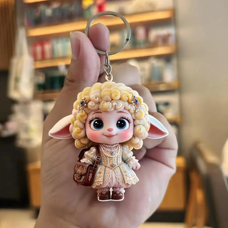 Cute 2D Flat Acrylic Lamb Keychain With Exquisite Ethnic Outfit And Durable Gold Ring For Bag Decor Birthday Gifts