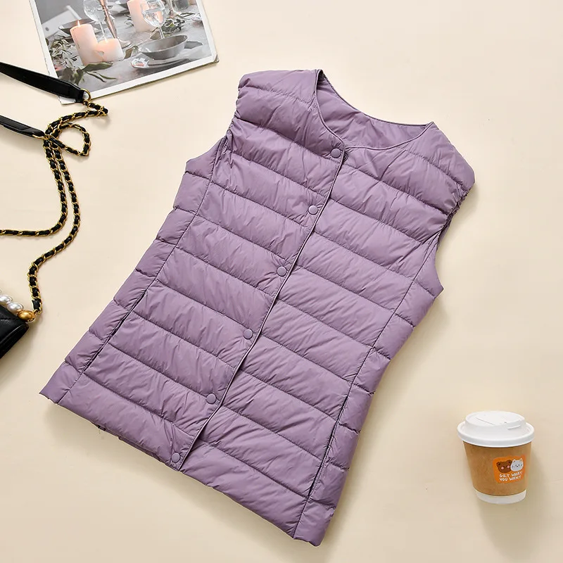 Quilted Padded Vest Everyday Fit Thin Warm Fabric Round  Sleeveless Waistcoat Snap Horizontal Stitching Light Purple Versatile