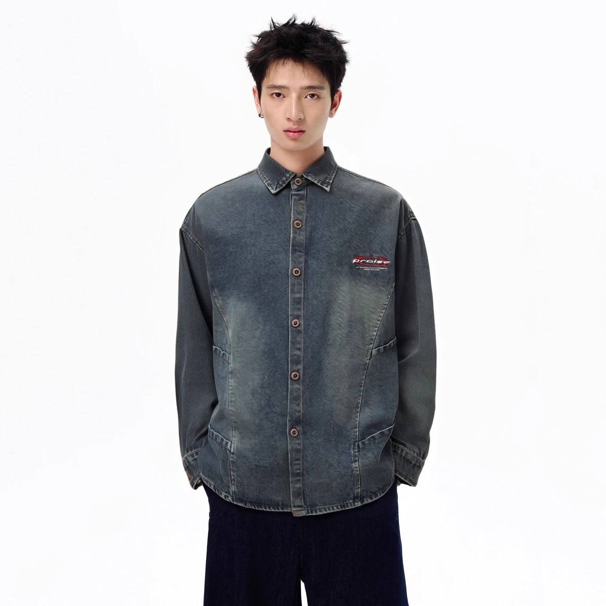 Camisa Vaquera Retro Americana Bordada Lavada de Manga Larga para Hombre, Ajuste Holgado Casual, Prenda Exterior Versátil para Todas las Estaciones