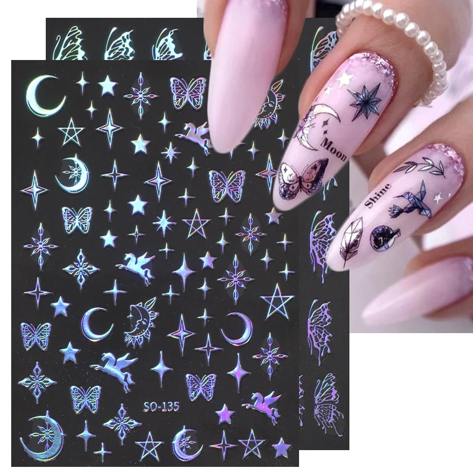 3D Laser Silver Nail Sticker Metallic Butterfly Star Moon Unicorn Holographic Gradient Design Manicure DIY Nail Accessories BESO