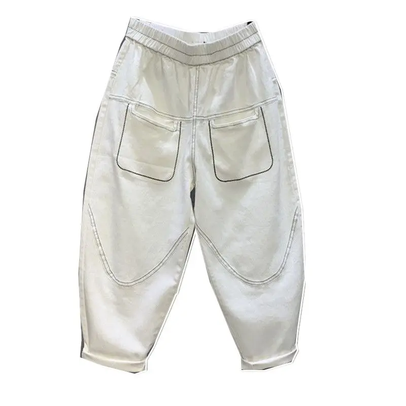 Jeans da papà Hip-hop bianchi donna 2023 tasca trapuntata allentata sottile che copre carne Harem pantaloni larghi Bloomers Jeans da donna