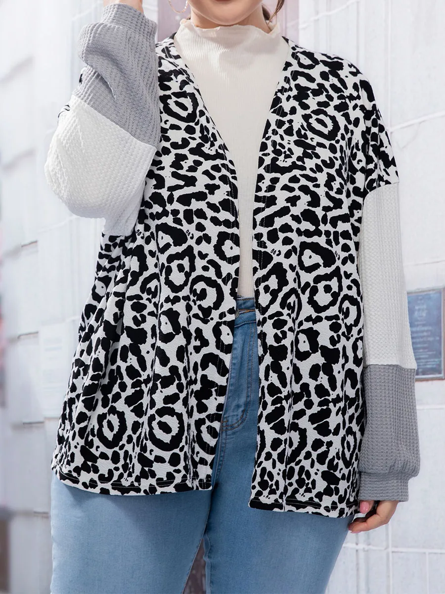 2024 Hot-selling New Plus Size  Jacket Medium and Long V-neck Loose Contrast Color Leopard Stitching Long-sleeved Jacket