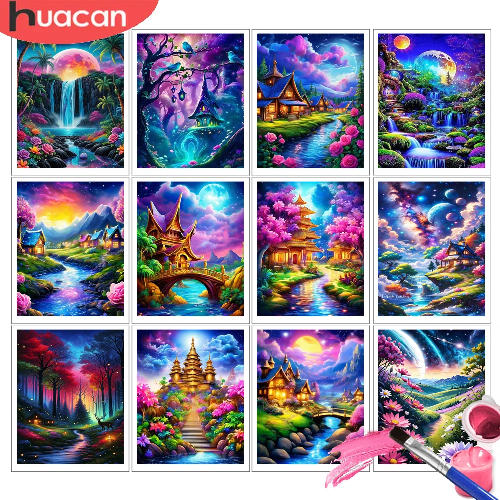 

HUACAN Diy Paintings By Numbers On Canvas Forest House Fantasy Landscape Tree Diy Kit Hobbies Home Decorative HandPainted