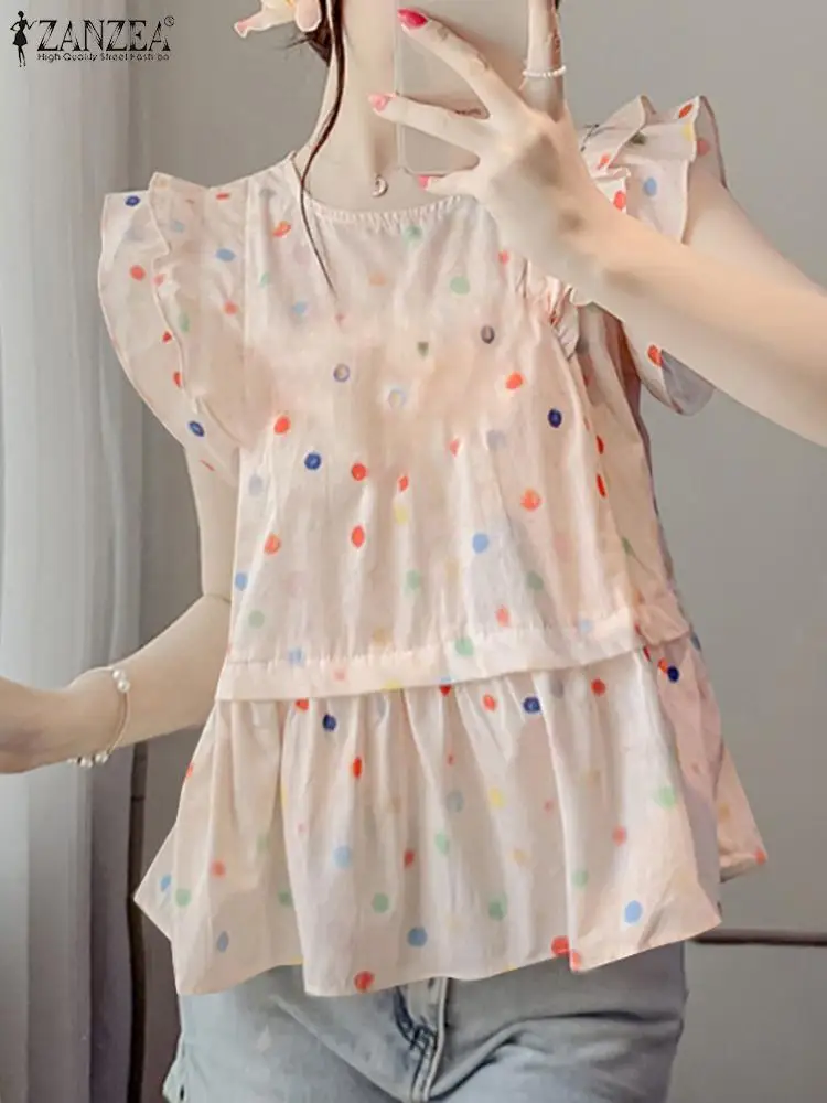 ZANZEA Sweety Korean Fashion Blouse Fashion Colorful Dot Ruffles Shirts Holiday Summer Stitching Pleats Tops Casual Loose Tunics