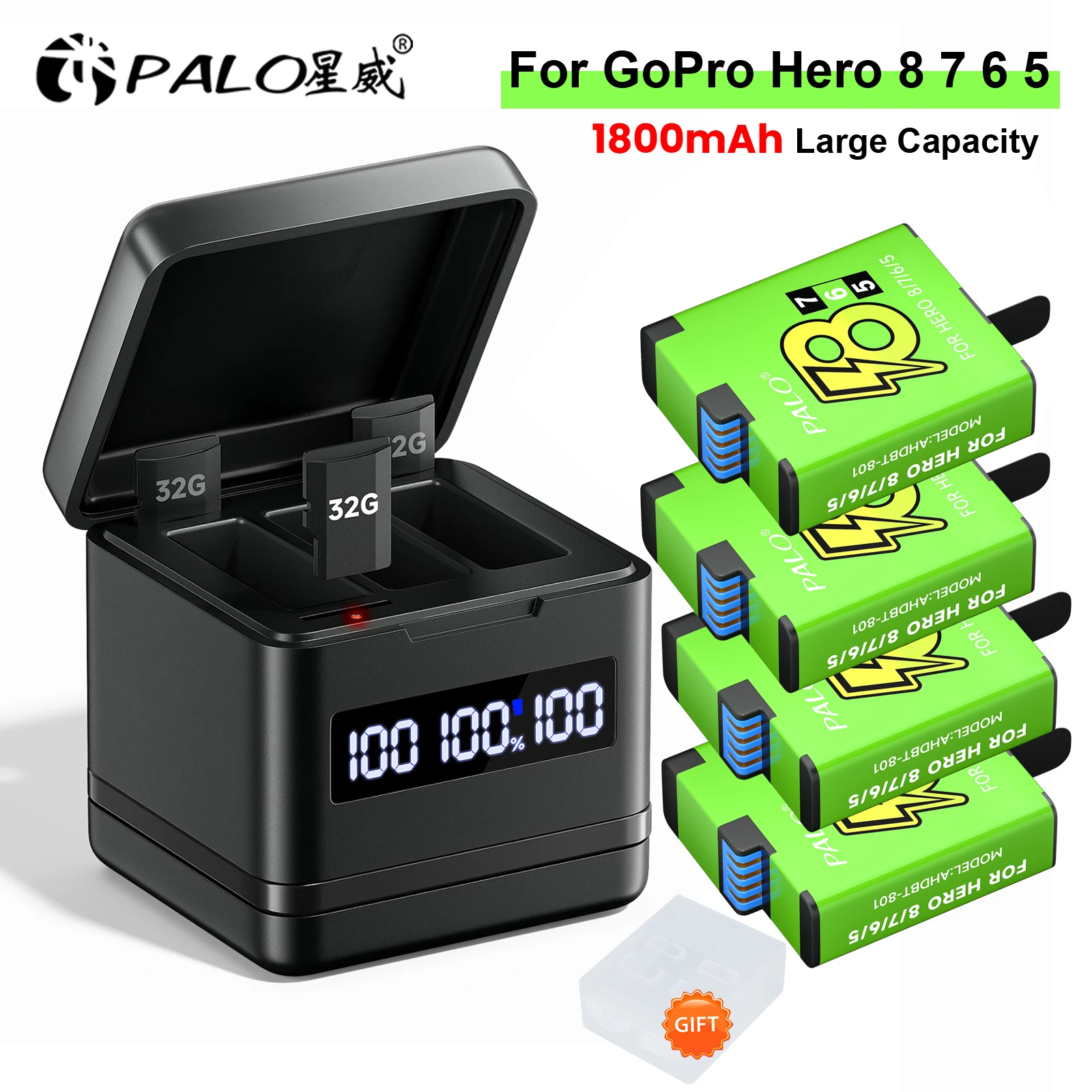 PALO 100% Original Battery for GoPro Hero 8 7 6 5 Black Motion Camera with 3 Slots Charger Case for GoPro Hero 8 Hero 7 Hero 8