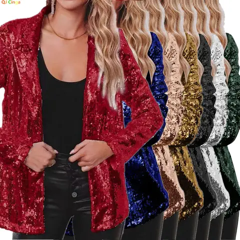2026 Burgundy Women Long Sleeve Jacket, Sequin Embellished Jacket, Green Black Silver Gold Pink Blue Available, Asian Size S-3XL