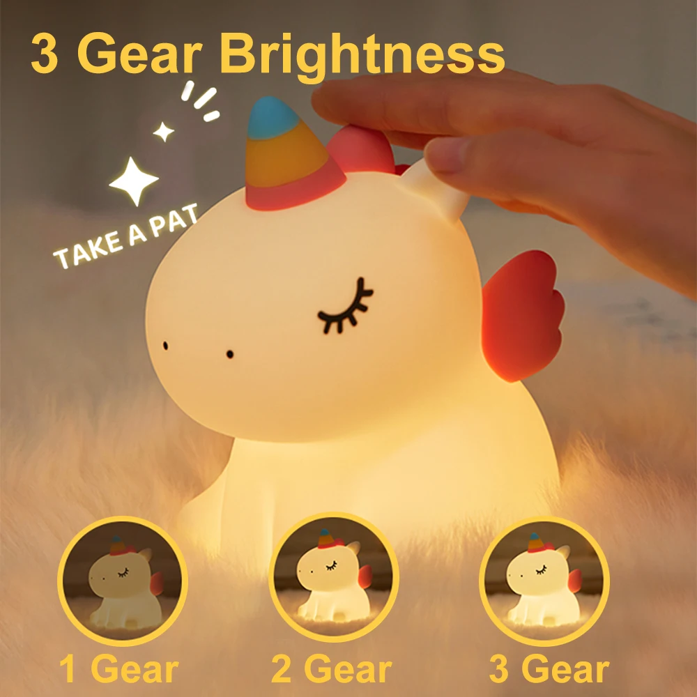 Cute Unicorn Night Light Dimmable Nursery Sleeping Light Rechargeable Bedside Touch Lamp For Baby Room Decor