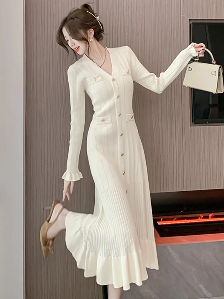 New Autumn Winter Ribbing Knitted Dress Women V-Neck Long Sleeve Fashion Ruffles Hem Mermaid Dresses Elegant Vestidos Robes