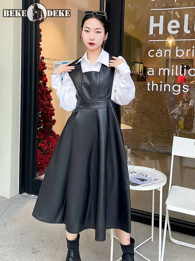 

Vintage Women Mid Calf Long Genuine Leather Tank Dress Spring Autumn Slim Fit Ladies High Quality 100% Real Sheepskin Dresses