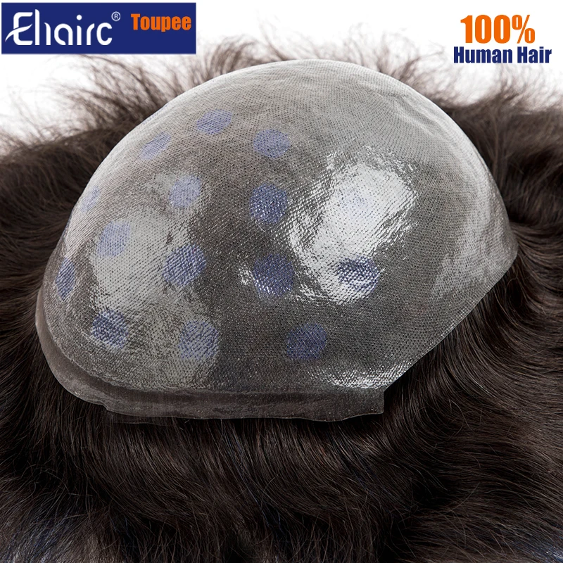 Blue Hightlighted 0.08MM Male Hair Prosthesis Knotted Durable Men's Capillary Prothesis Toupee Men Wigs For Man 6