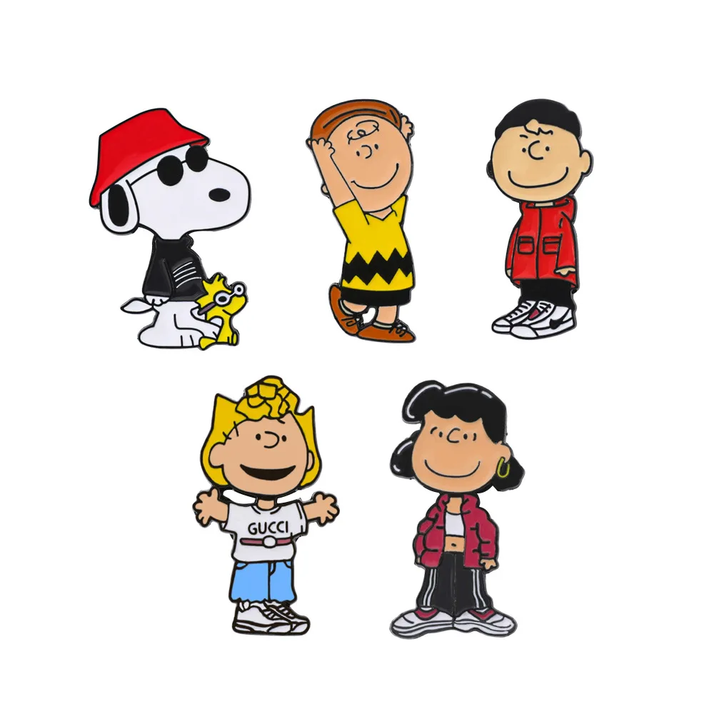 5Pcs Snoopy Enamel Pins Set Charlie Brown Friends Brooches for Backpacks Bags Lapel Badges Jewelry Gift for Fans