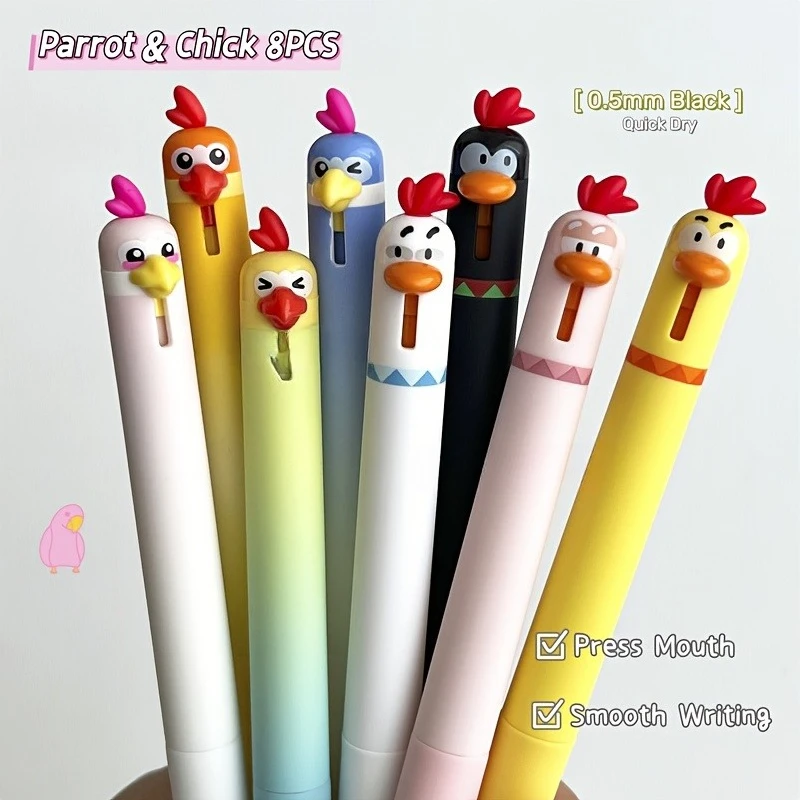 

8 гелевых ручек с попугаем и курицей, забавный дизайн, канцелярские принадлежности, офисные настольные аксессуары, креативная ручка для письма с животными, черная ручка 0,5 мм