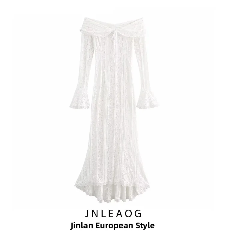 

JNLEAOG Осенняя новинка: Женское платье макси с высокой талией, кружевом и одним открытым плечом, приталенное, для делового стиля, из полиэстера