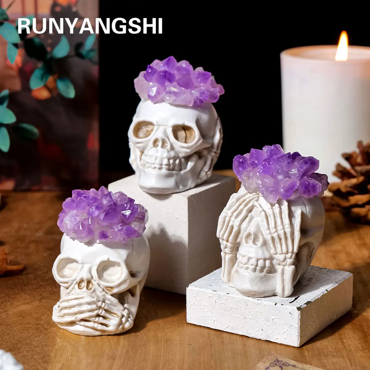 1PC Natural Crystals Healing Stones Amethyst Tooth Flower Skull Hand Crystal Feng Shui Ornament Home Decoration  Halloween Gift