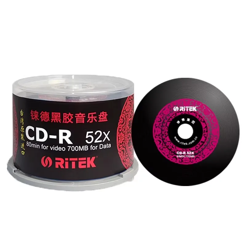 50PCS Ritek Vinyl Disk Black CD-R Blank Recordable Compact Disc 700MB 80min 52x Music Discs for Data Storage And Audio Recording