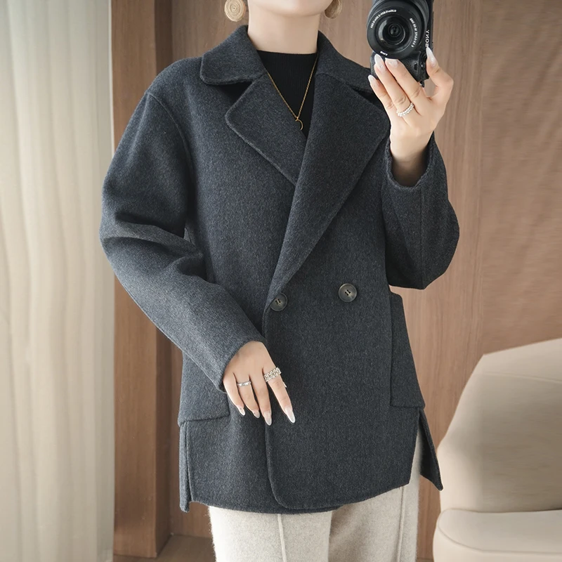 Women's Double-Sided 100% Pure Wool Coat Autumn Winter Double-Breasted Woolen Short High-End Petite Blazer