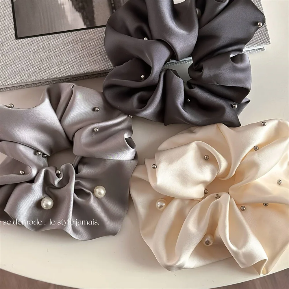 French Simple Pearl Rivet Large Intestine Hair Band Satin Head Rope High-grade Ball Head Hair Rope