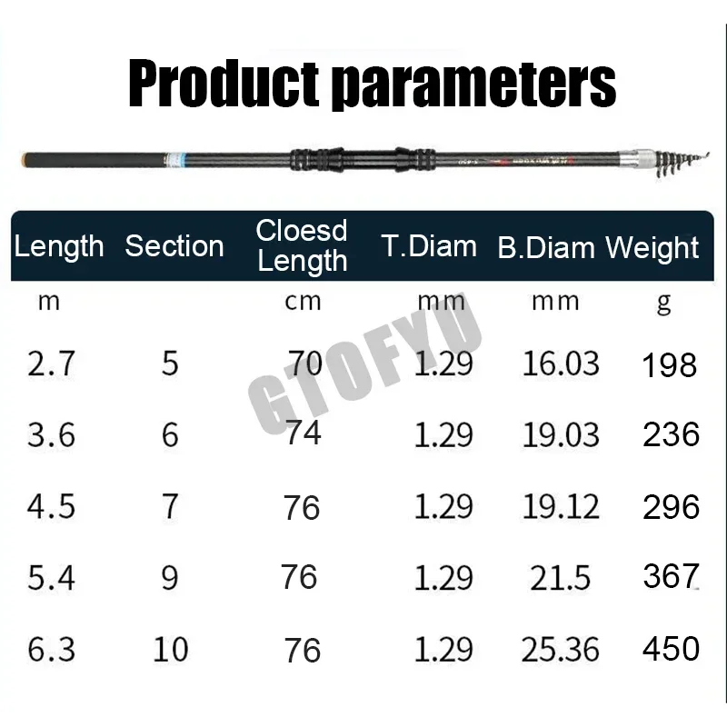 2,7 M 3,6 M 4,5 M 5,4 M 6,3 M 7,2 M caña de pescar telescópica de carbono caña ultraligera señuelo carpa viaje océano caña de pescar giratoria - imagen 4