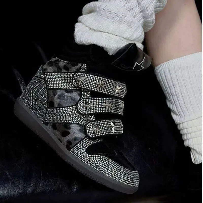 High‑Top Hidden Wedges Sneakers Rhinestone Star Studded Velcro Thick Sole Ankle Boots Street Fashion Women Daily Party Sneakers