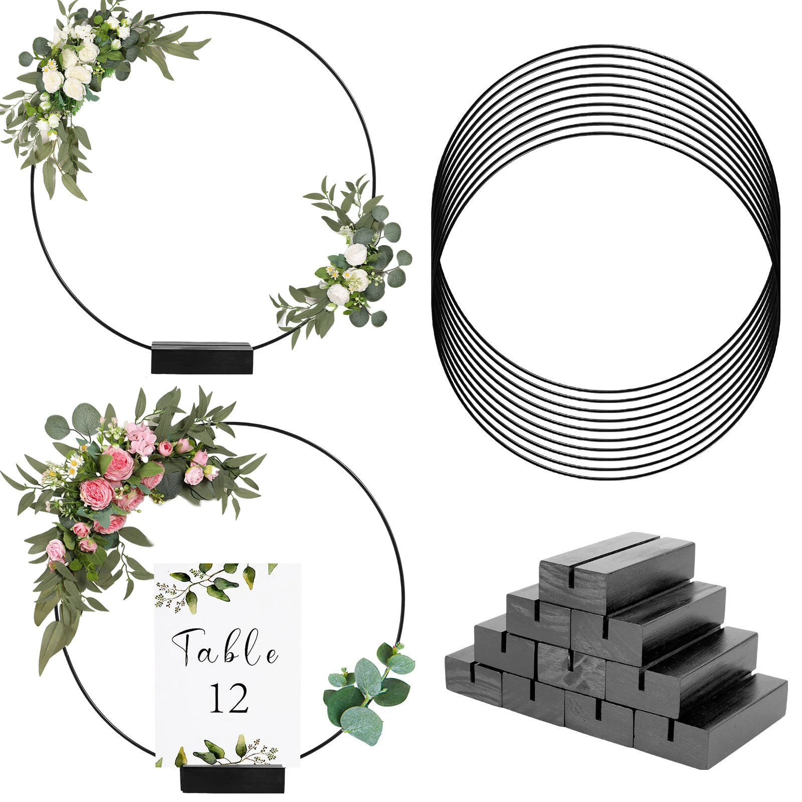 

10Pcs Floral Hoops with Wood Holders 10'' Gold/Black Metal Floral Wreath Rings Table Centerpiece Hoops DIY Dream Catcher Crafts