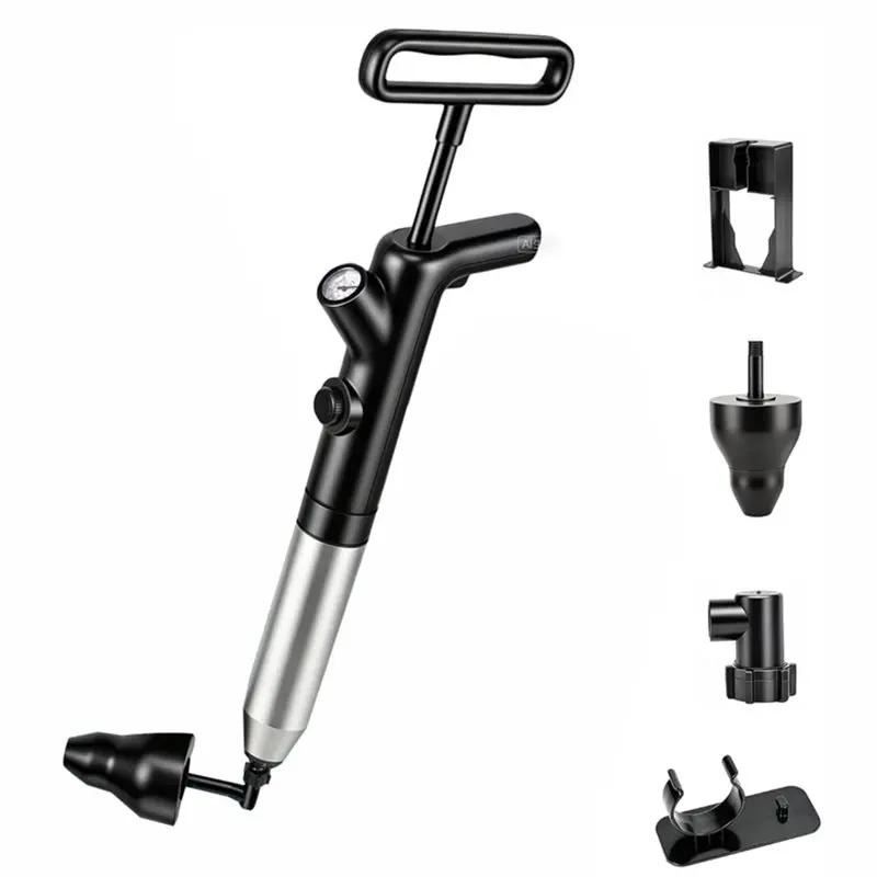 SHGO-Air Drain Tool Heavy Duty For Bathroom, Kitchen& Plumbing Clogs, High Pressure Toilet Plunger With Gauge