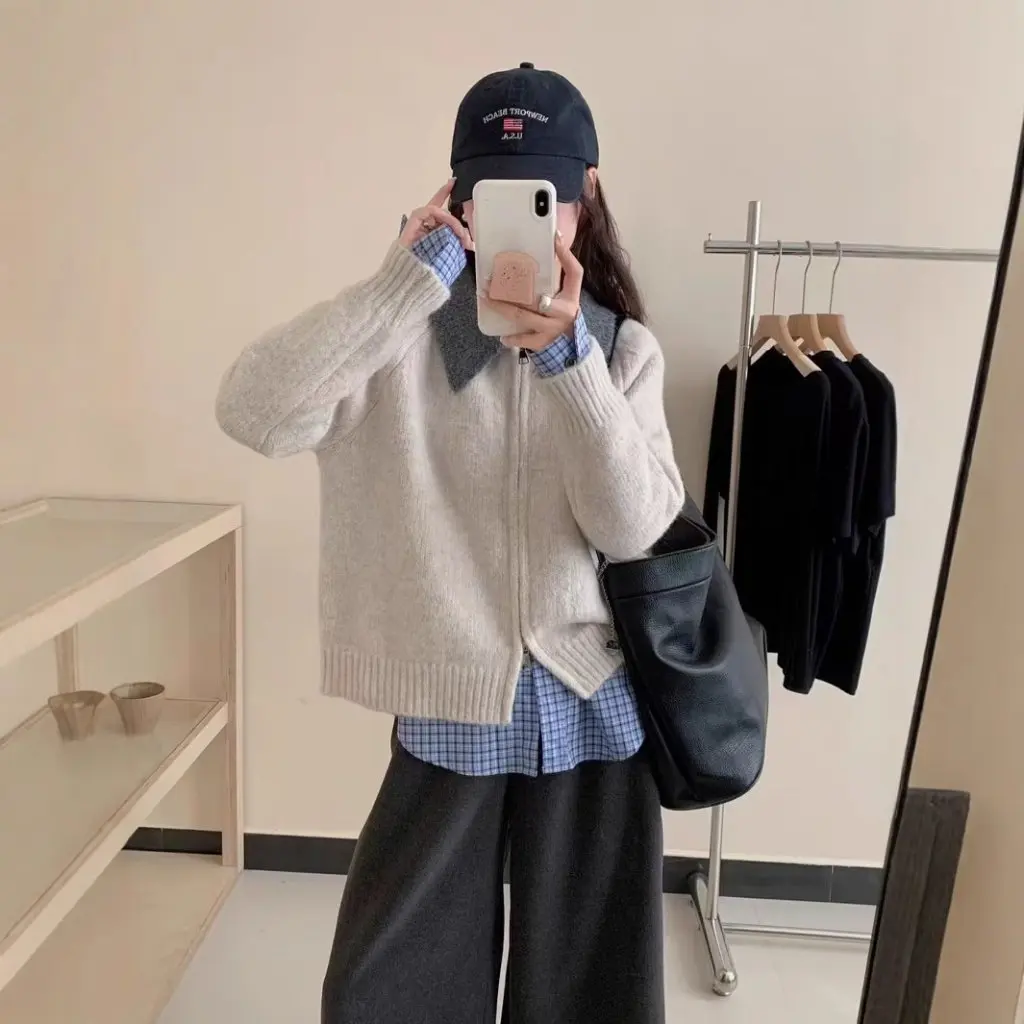 

Женский винтажный дизайн, вязаный кардиган с двойной молнией и воротником-поло, мягкая восковая плюшевая куртка реглан с длинными рукавами